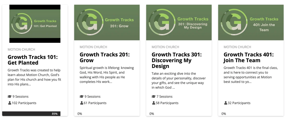 A church growth track with four courses, each showing its sessions and participant count