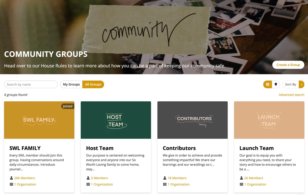 A community groups page listing groups and their members