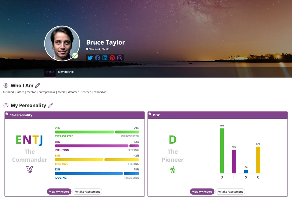 A member profile with 16-Personality and DISC assessment results