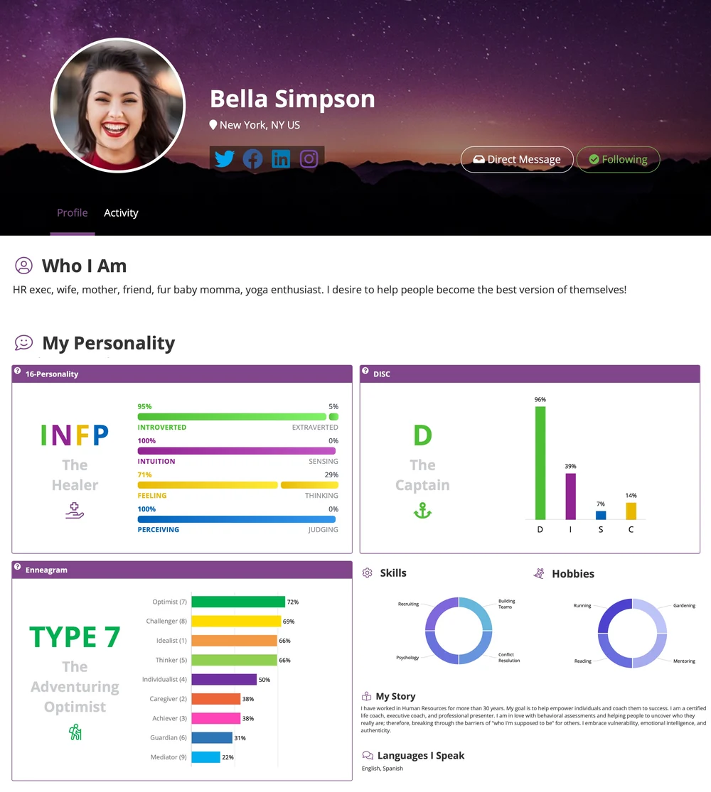 A member profile page showing personality results across 16-Personality, DISC and Enneagram, with skills, hobbies and a personal story